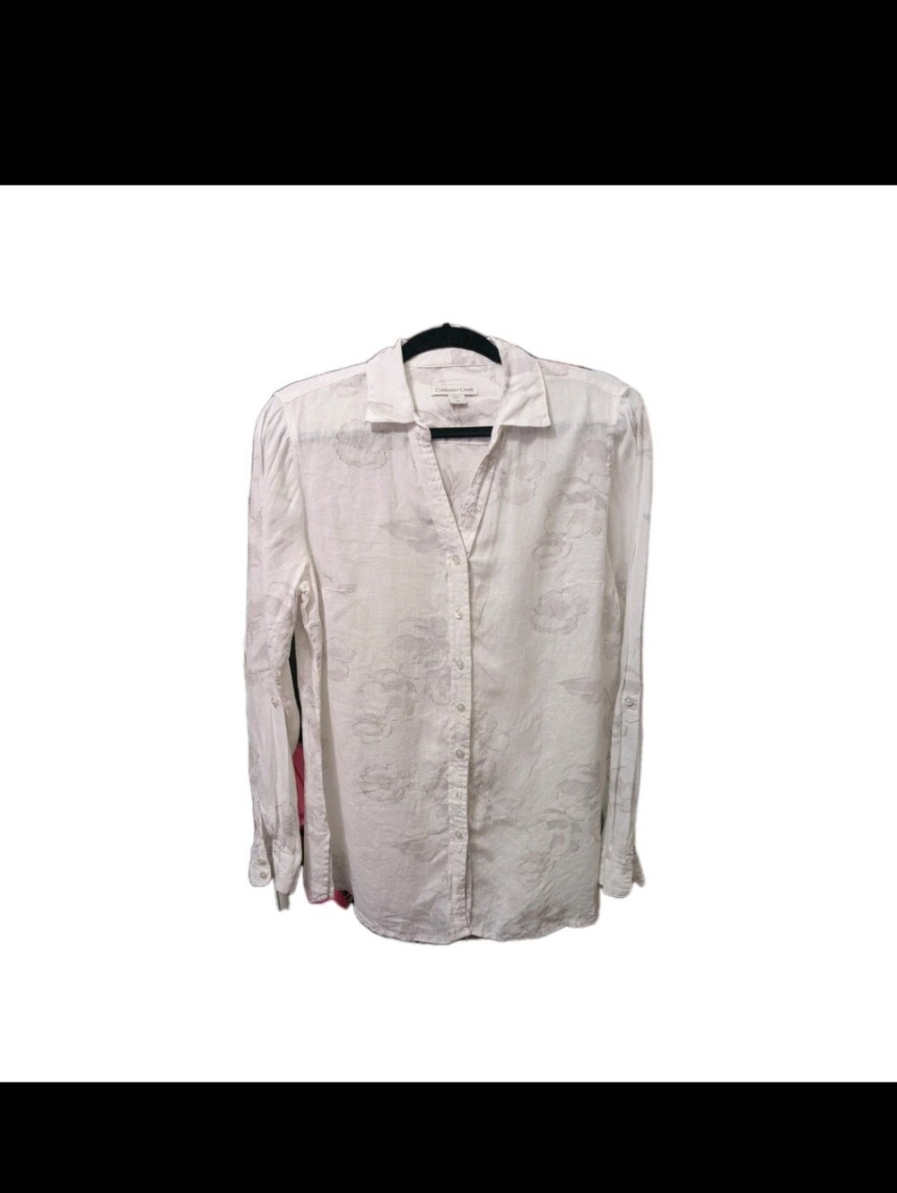 White and Gray Floral Flowy Linen Blouse Collared Long Sleeve Top
